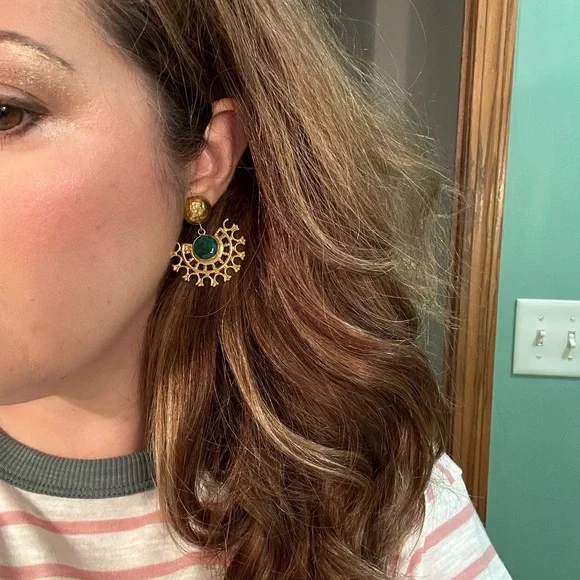 Emerald and Gold Handmade Chandelier Earrings - Picture 7 of 8